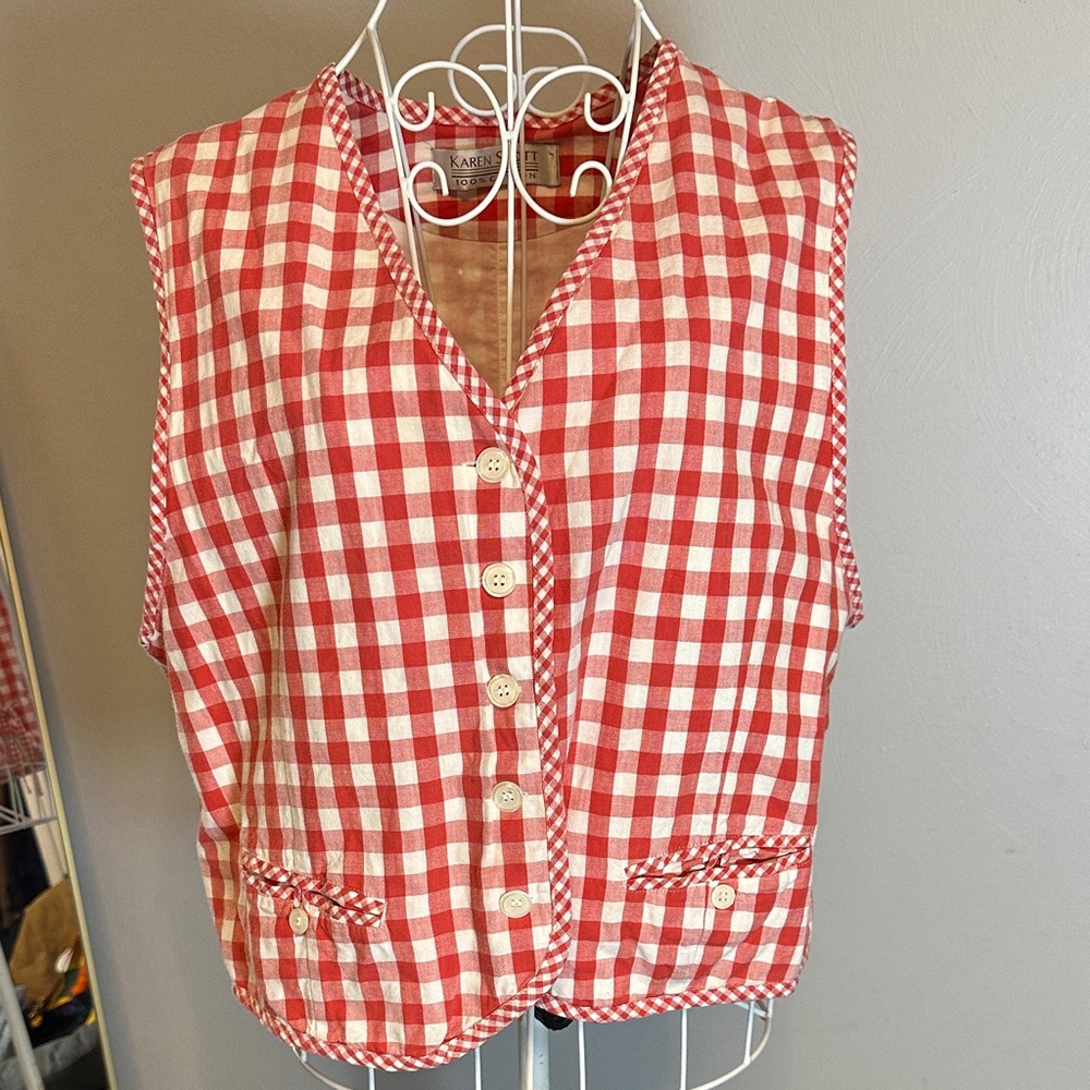 Karen Scott Red and White Checkered Button Down Shirt 100% cotton